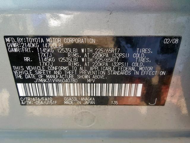 JTMBK31V986040780 - 2008 TOYOTA RAV4 LIMIT GRAY photo 10