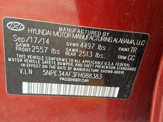 5NPE34AF3FH088383 - 2015 HYUNDAI SONATA SPO RED photo 10