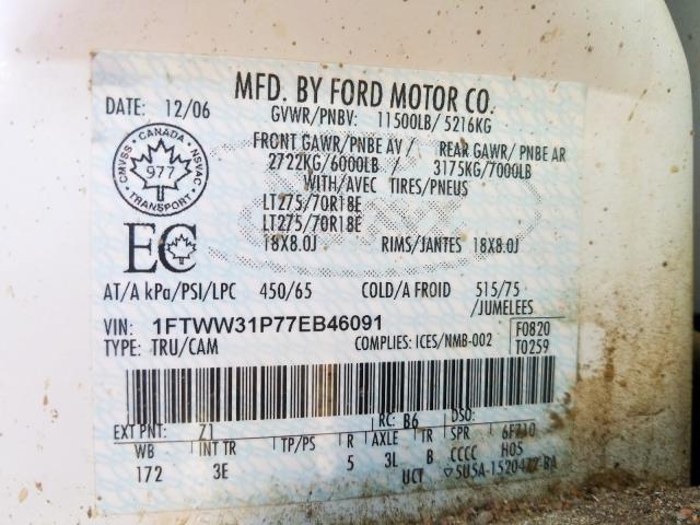 1FTWW31P77EB46091 - 2007 FORD F350 SRW SUPER DUTY  photo 10