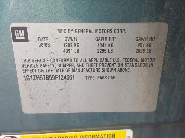 1G1ZH57B59F124661 - 2009 CHEVROLET MALIBU 1LT GREEN photo 10