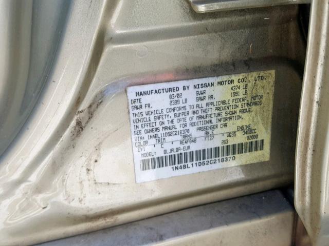 1N4BL11D52C218370 - 2002 NISSAN ALTIMA SE GOLD photo 10