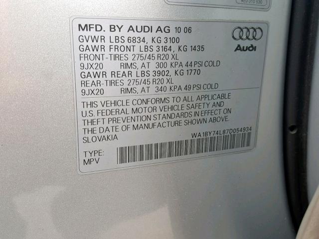 WA1BY74L87D054934 - 2007 AUDI Q7 3.6 QUA GRAY photo 10