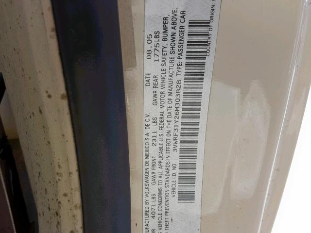 3VWRF31Y26M303828 - 2006 VOLKSWAGEN NEW BEETLE Bej foto 10