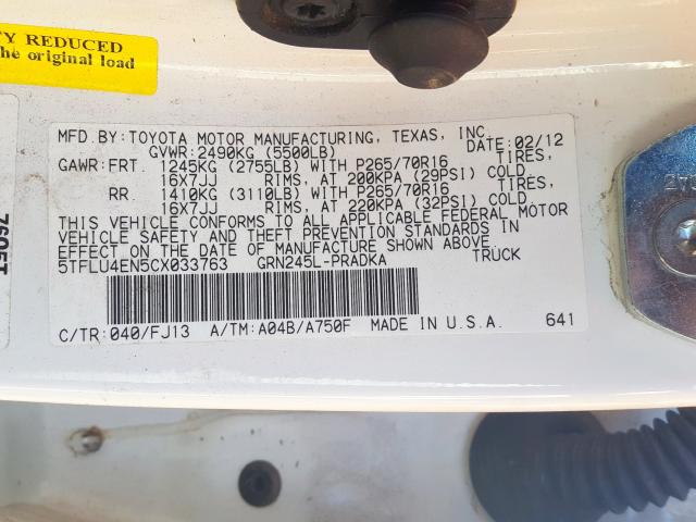 5TFLU4EN5CX033763 - 2012 TOYOTA TACOMA DOUBLE CAB  照片 10