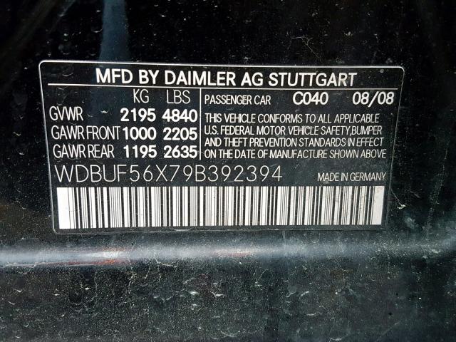 WDBUF56X79B392394 - 2009 MERCEDES-BENZ E 350 BLACK photo 10