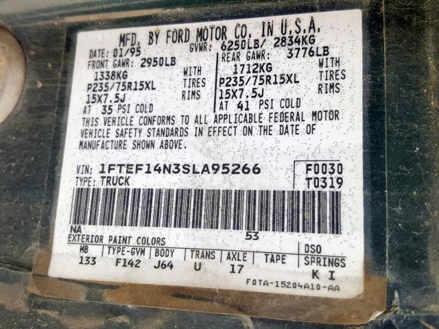 1FTEF14N3SLA95266 - 1995 FORD F150 TEAL photo 10