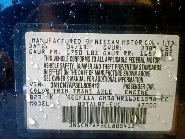 3N1CN7AP3EL805412 - 2014 NISSAN VERSA BLUE photo 10