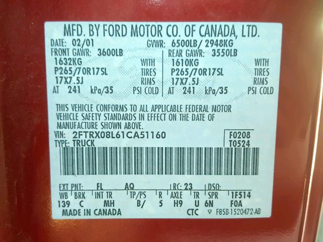 2FTRX08L61CA51160 - 2001 FORD F150 RED photo 10