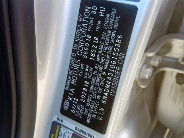 KNADM4A31D6155386 - 2013 KIA RIO LX SILVER photo 10