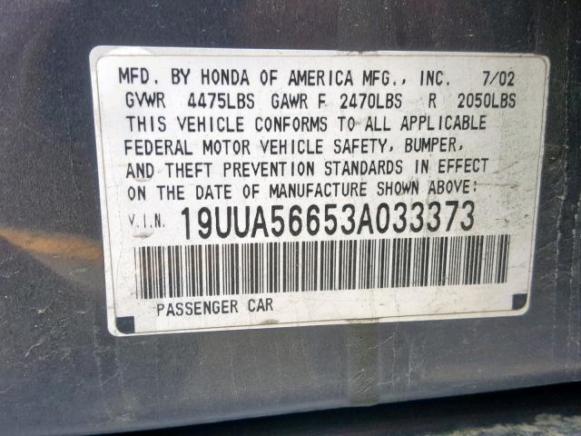 19UUA56653A033373 - 2003 ACURA 3.2TL SILVER photo 10