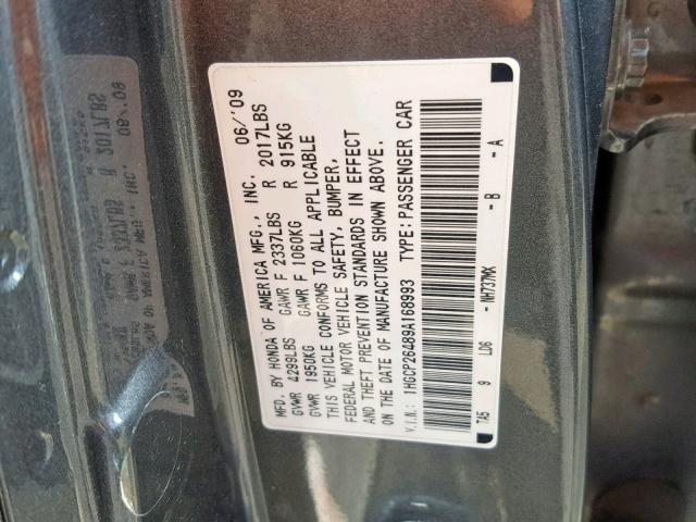 1HGCP26489A168993 - 2009 HONDA ACCORD LXP GRAY photo 10