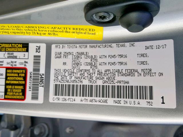 5TFAZ5CN0JX056396 - 2018 TOYOTA TACOMA DOU SILVER photo 10