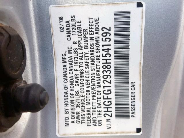 2HGFG12938H541592 - 2008 HONDA CIVIC EXL SILVER photo 10