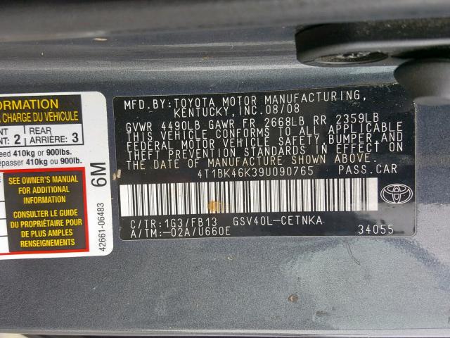 4T1BK46K39U090765 - 2009 TOYOTA CAMRY SE GRAY photo 10