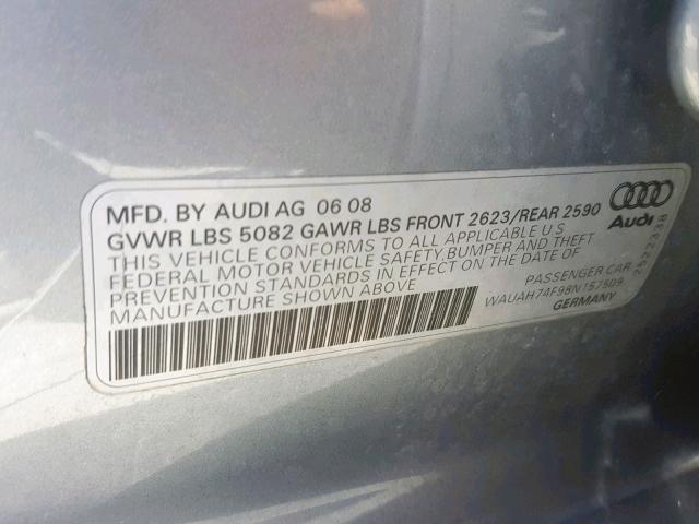 WAUAH74F98N157509 - 2008 AUDI A6 3.2 GRAY photo 10