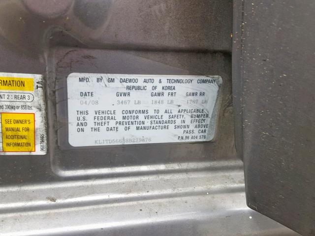 KL1TD56688B279876 - 2008 CHEVROLET AVEO BASE Сұр фото 10