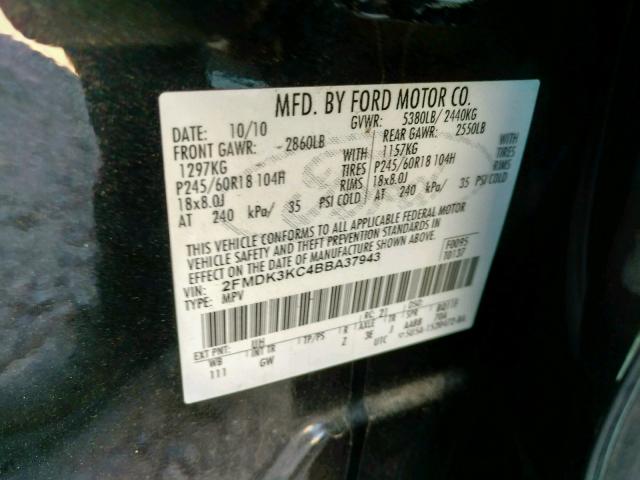 2FMDK3KC4BBA37943 - 2011 FORD EDGE LIMIT BLACK photo 10