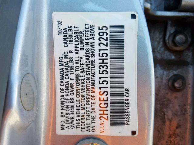 2HGES15153H512295 - 2003 HONDA CIVIC DX SILVER photo 10