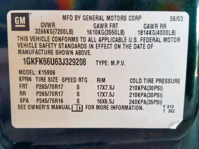 1GKFK66U63J329208 - 2003 GMC YUKON XL D GREEN photo 10