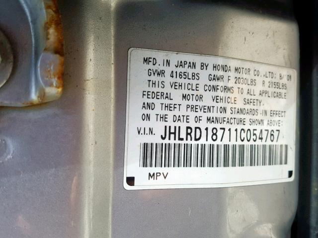 JHLRD18711C054767 - 2001 HONDA CR-V SE GRAY photo 10