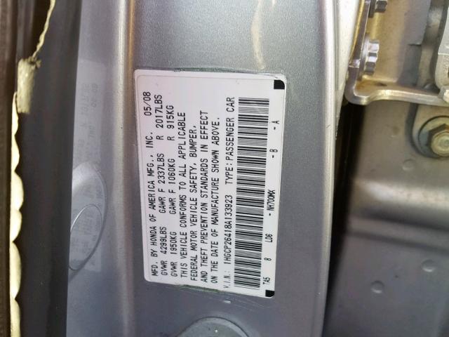 1HGCP26418A133923 - 2008 HONDA ACCORD LXP GRAY photo 10