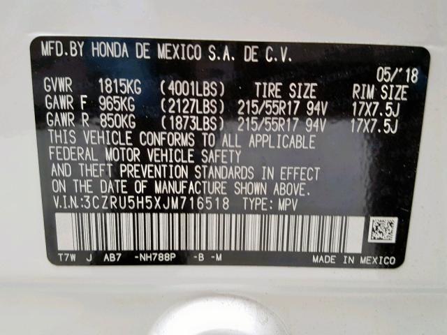 3CZRU5H5XJM716518 - 2018 HONDA HR-V EX WHITE photo 10