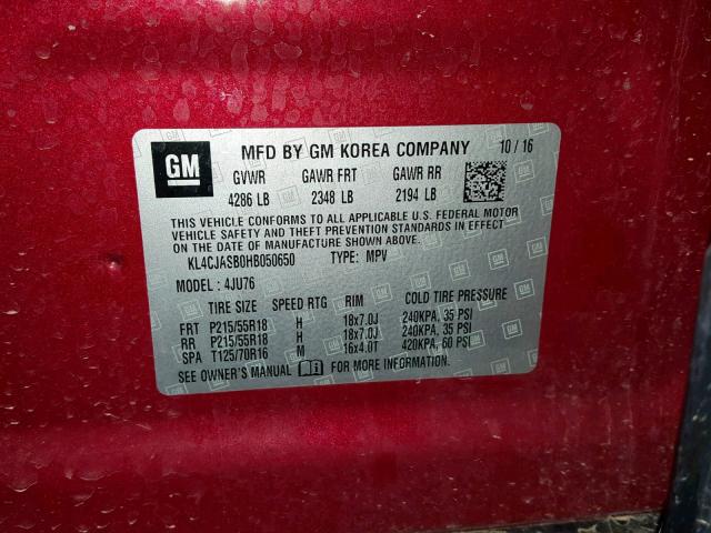 KL4CJASB0HB050650 - 2017 BUICK ENCORE PRE RED photo 10