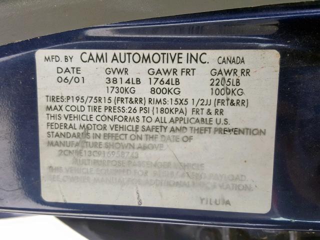 2CNBE13C916958743 - 2001 CHEVROLET TRACKER BLUE photo 10