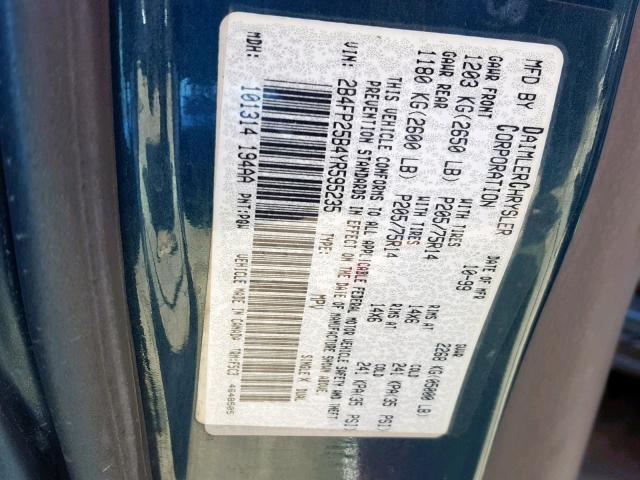 2B4FP25B4YR595235 - 2000 DODGE CARAVAN BLUE photo 10