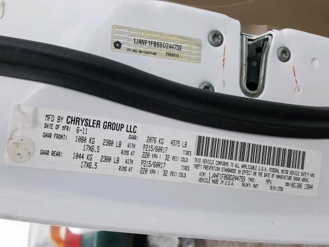1J4NF1FB6BD244759 - 2011 JEEP COMPASS SP Ақ фото 10