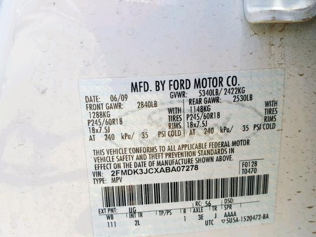 2FMDK3JCXABA07278 - 2010 FORD EDGE SEL WHITE photo 10