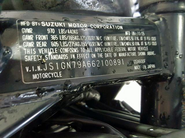 JS1GN79A662100891 - 2006 SUZUKI GSX600 F BLACK photo 10