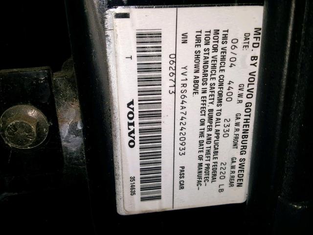 YV1RS64A742420933 - 2004 VOLVO S60 BLACK photo 10