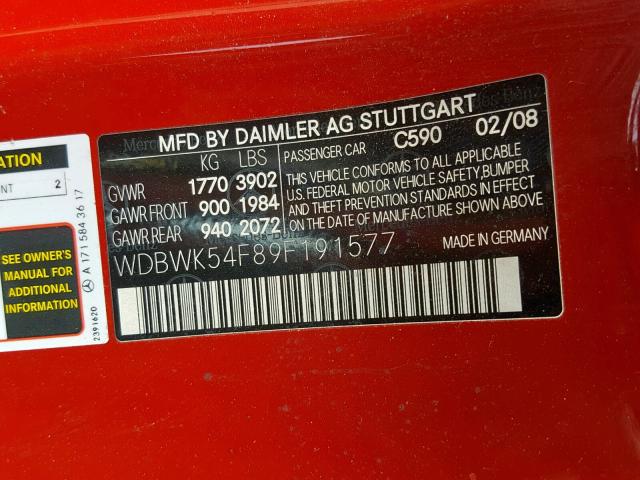 WDBWK54F89F191577 - 2009 MERCEDES-BENZ SLK 300 RED photo 10