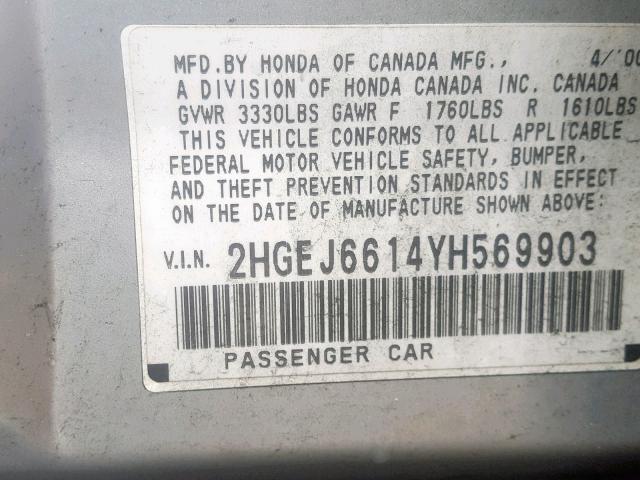 2HGEJ6614YH569903 - 2000 HONDA CIVIC BASE SILVER photo 10