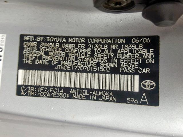 JTKDE177070151502 - 2007 TOYOTA SCION TC SILVER photo 10