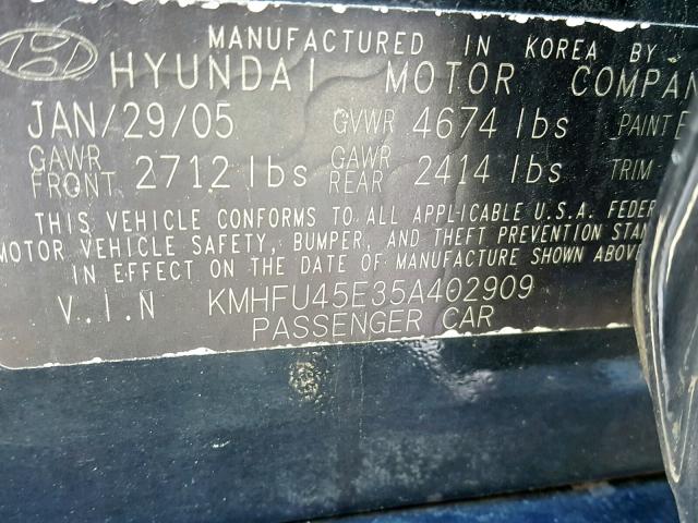 KMHFU45E35A402909 - 2005 HYUNDAI XG 350 BLACK photo 10