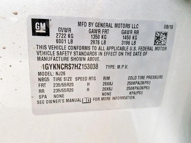 1GYKNCRS7HZ153038 - 2017 CADILLAC XT5 PREMIU SILVER photo 10