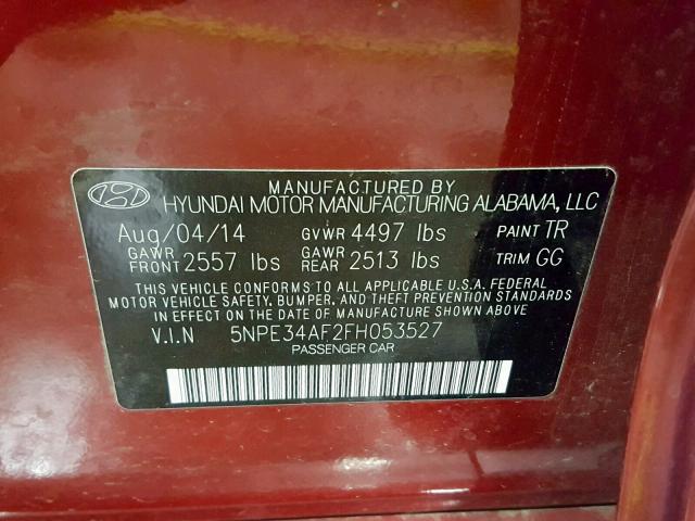 5NPE34AF2FH053527 - 2015 HYUNDAI SONATA SPO RED photo 10