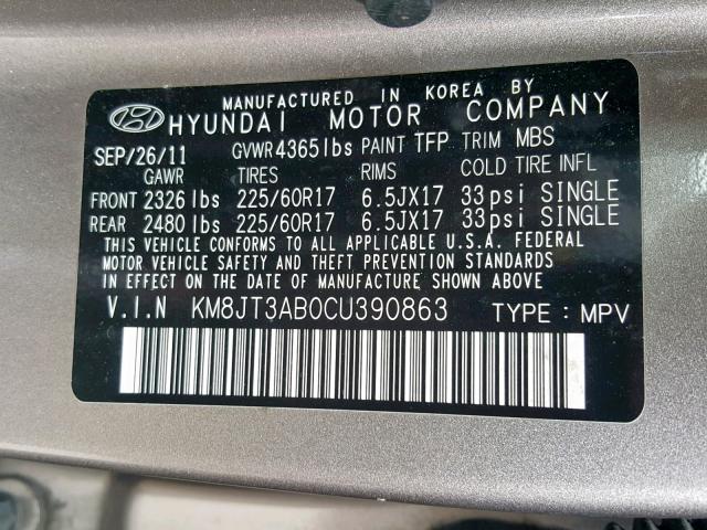 KM8JT3AB0CU390863 - 2012 HYUNDAI TUCSON GL TAN photo 10