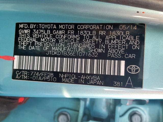 JTDKDTB36E1071632 - 2014 TOYOTA PRIUS C TURQUOISE photo 10