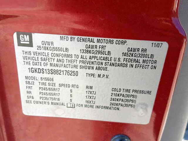 1GKDS13S882176250 - 2008 GMC ENVOY RED photo 10