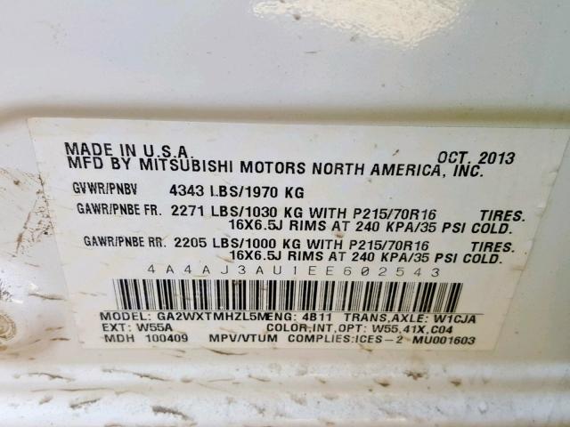 4A4AJ3AU1EE602543 - 2014 MITSUBISHI RVR SE WHITE photo 10