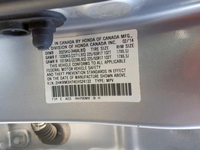 2HKRM3H74EH524132 - 2014 HONDA CR-V EXL SILVER photo 10