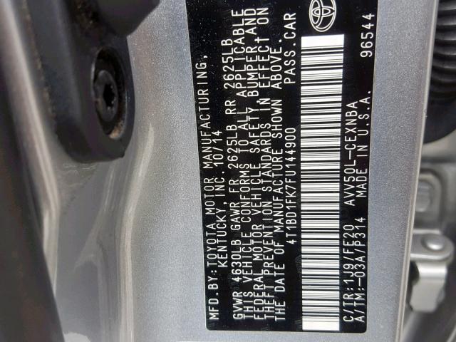 4T1BD1FK7FU144900 - 2015 TOYOTA CAMRY HYBR SILVER photo 10