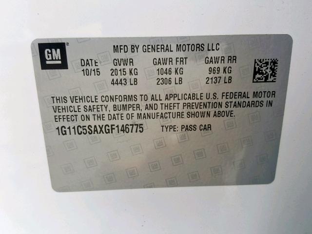 1G11C5SAXGF146775 - 2016 CHEVROLET MALIBU LIM WHITE photo 10