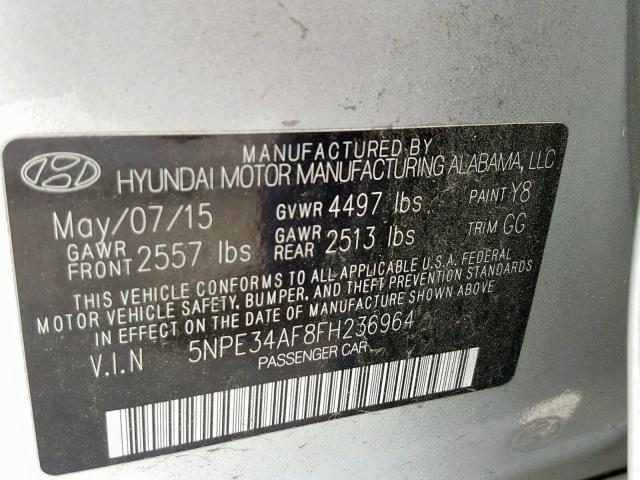 5NPE34AF8FH236964 - 2015 HYUNDAI SONATA SPO SILVER photo 10