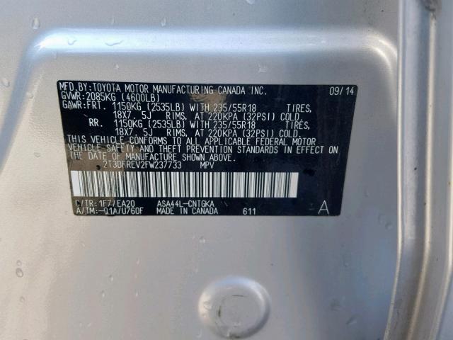 2T3DFREV2FW237733 - 2015 TOYOTA RAV4 LIMIT SILVER photo 10