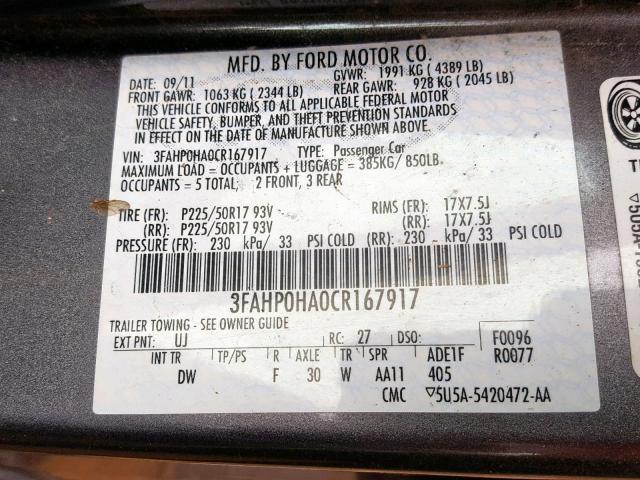 3FAHP0HA0CR167917 - 2012 FORD FUSION SE CHARCOAL photo 10