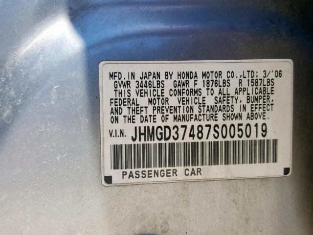 JHMGD37487S005019 - 2007 HONDA FIT SILVER photo 10